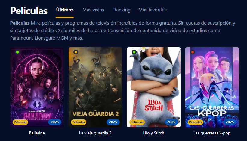 Captura de pantalla de la interfaz de usuario de Pepelisplus, mostrando películas y series organizadas por géneros.
